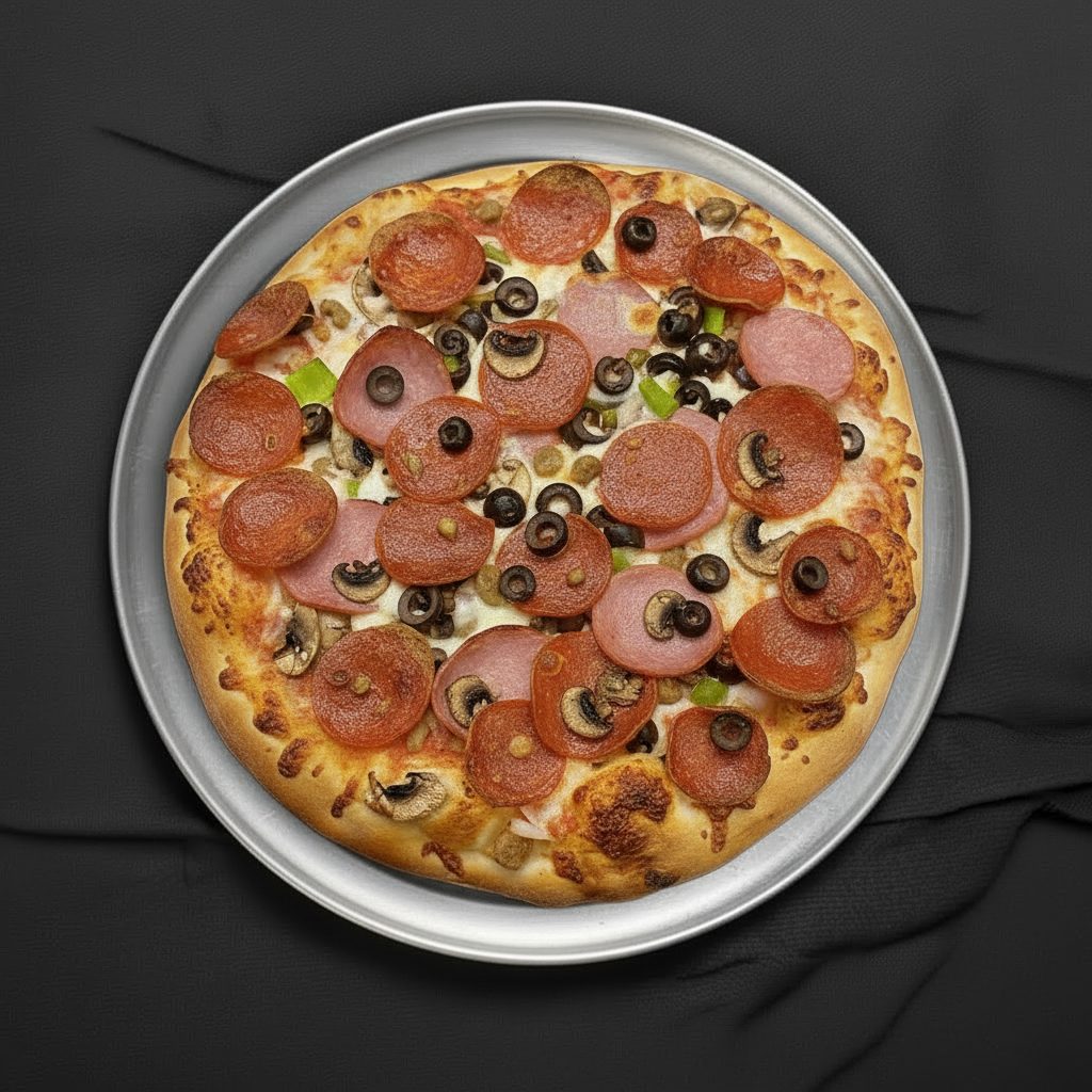 Deep Dish Special 9 Toppings Pizza.