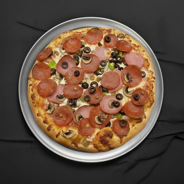 Deep Dish Special 9 Toppings Pizza.